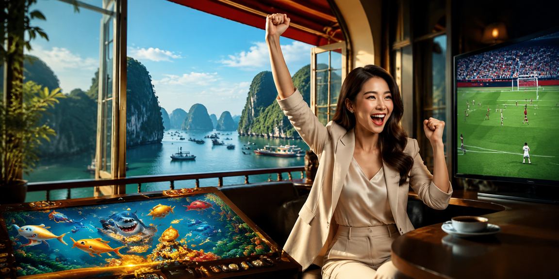 Người dùng chơi game bắn cá trực tuyến tại quán cà phê ven vịnh Hạ Long buổi tối