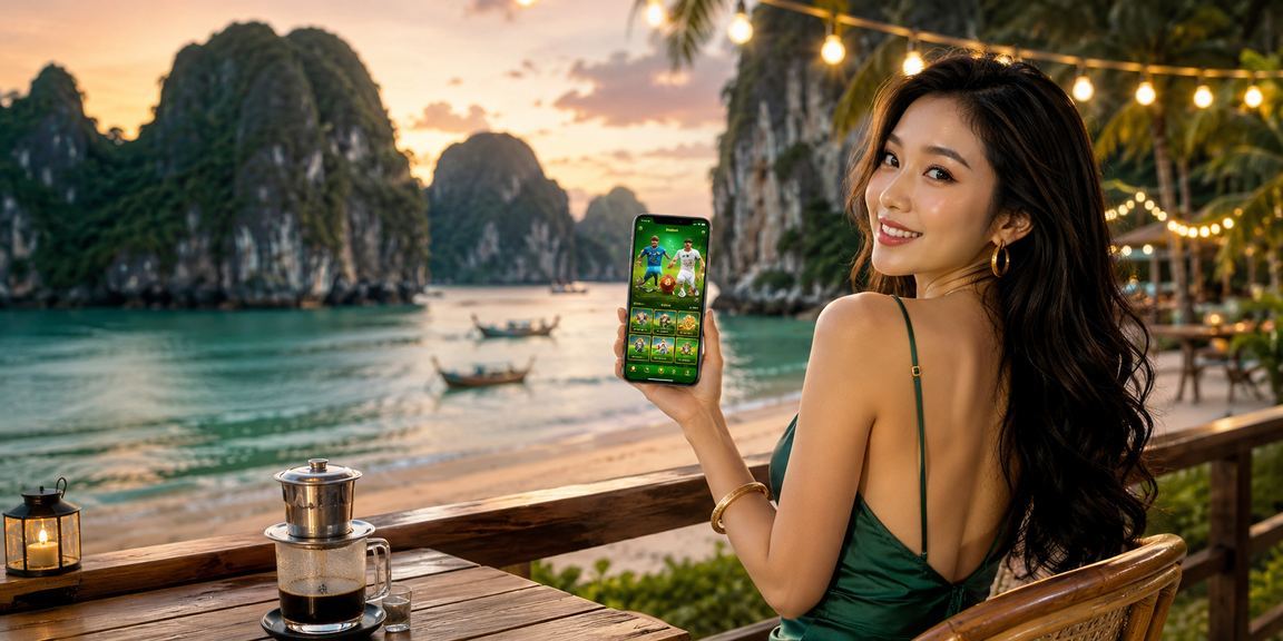 Người dùng xem tỷ lệ kèo trận đấu qua điện thoại tại quán cà phê Ninh Bình